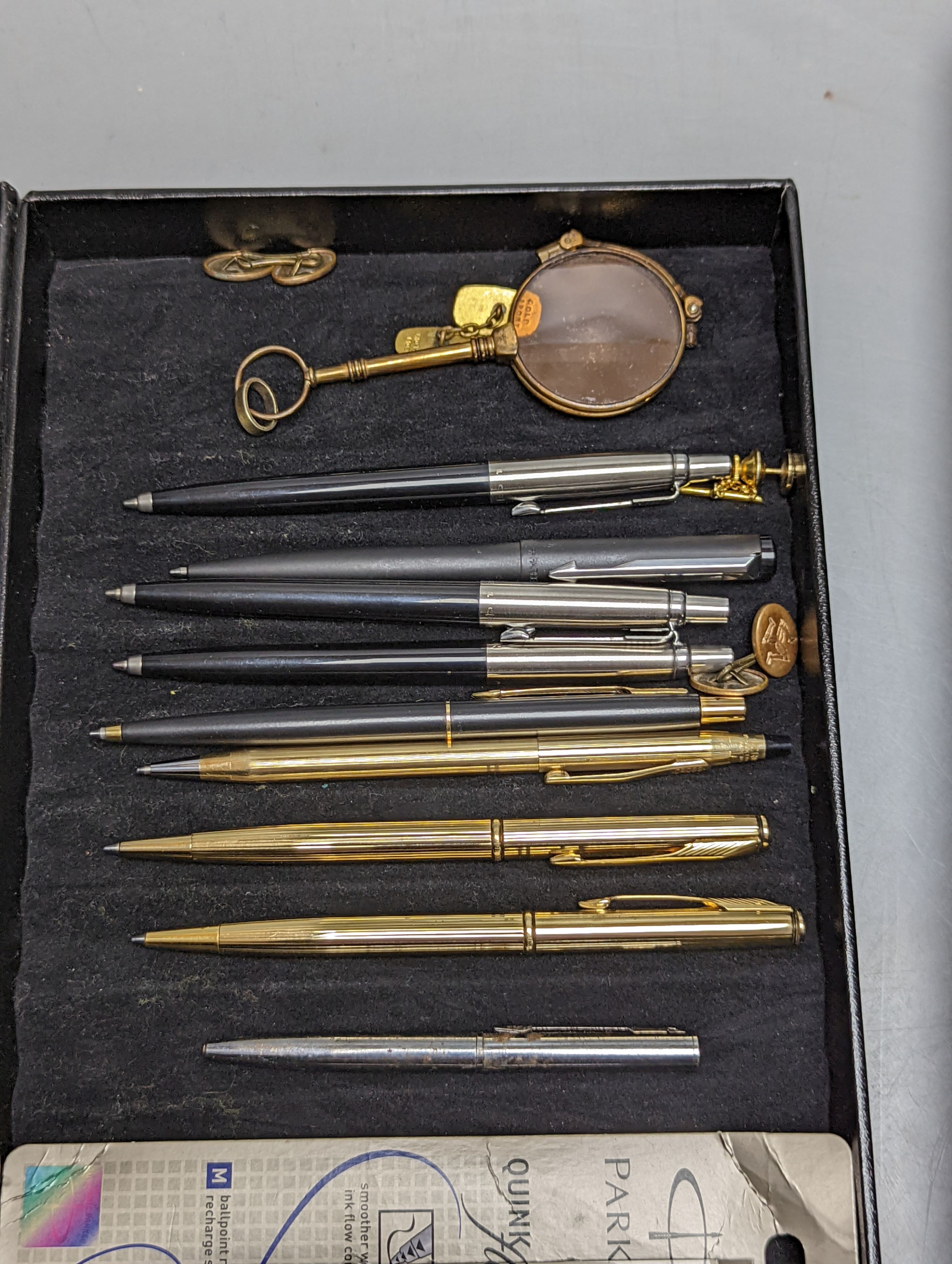 Eight various Parker ballpoint pens, lorgnette, etc.